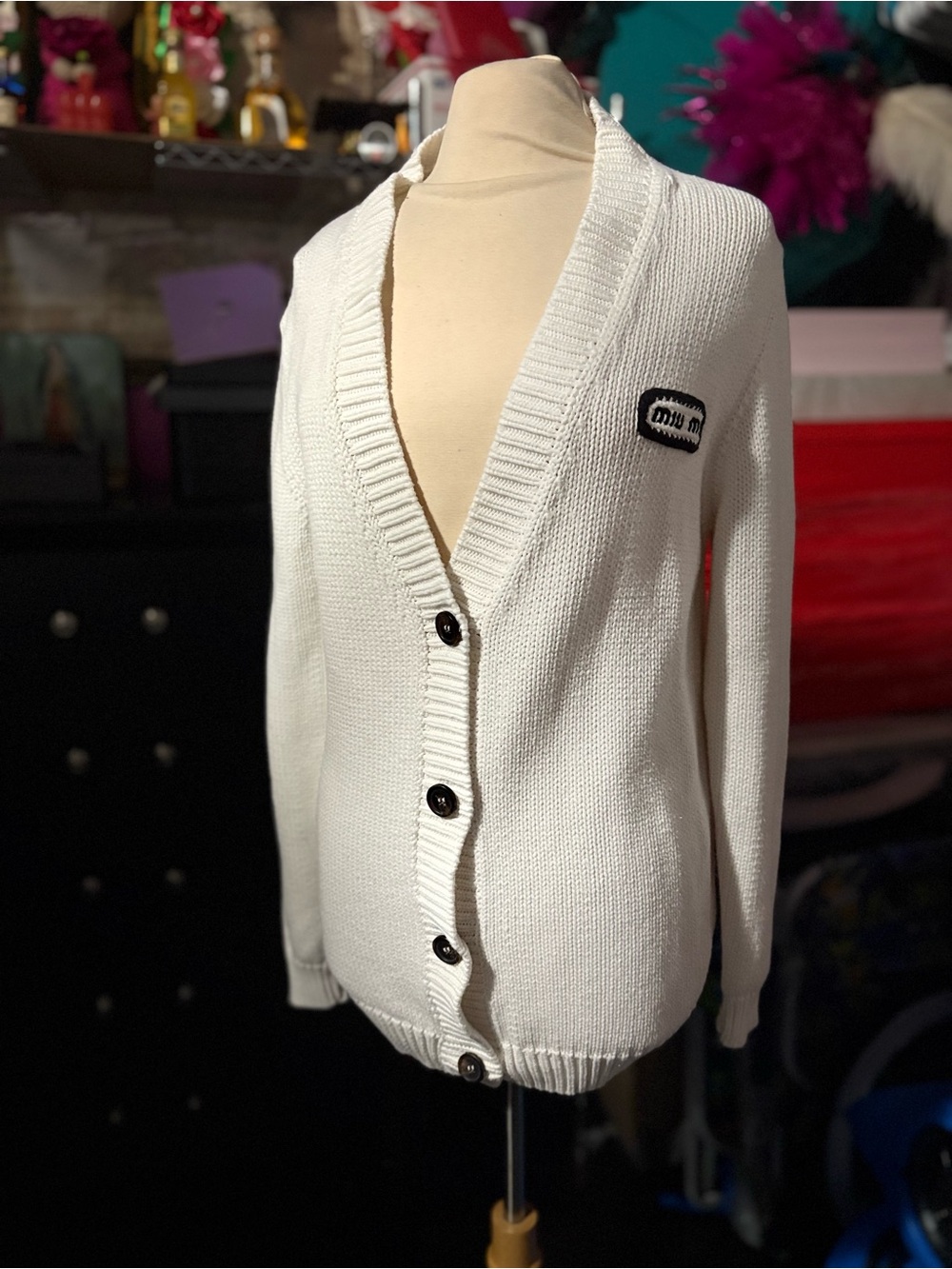 Miu Miu Cream Button-Up V-Neck Cardigan with Logo Patch